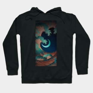 Japanese giant wave goes over the moon Hoodie